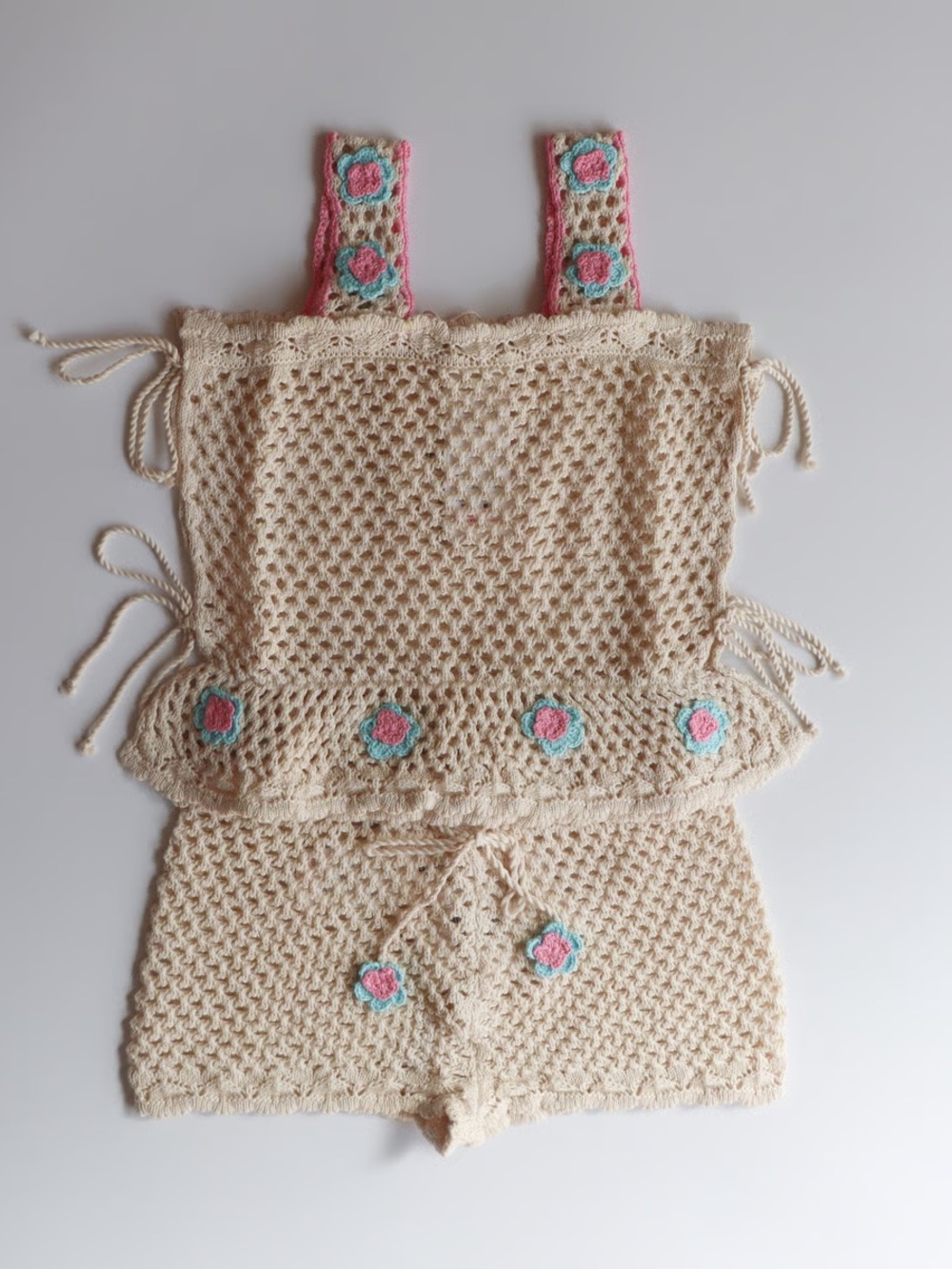 Handmade Crochet Tank Top & Shorts Set - Cream with Pink & Teal Flower Accents